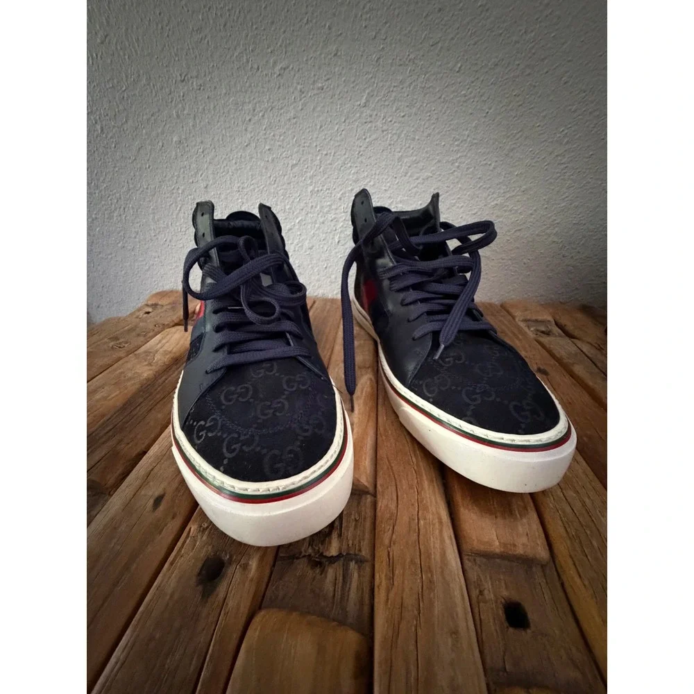 Gucci High Top Sneakers Size 8 Navy Blue GG Monogram Web Stripe 221825